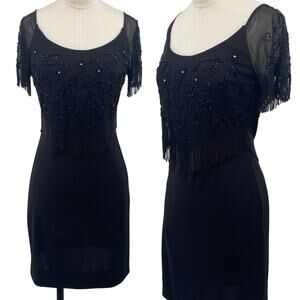 Vintage 90s Betsy & Adam Beaded Fringe Mini Dress Cocktail Bodycon Black XS